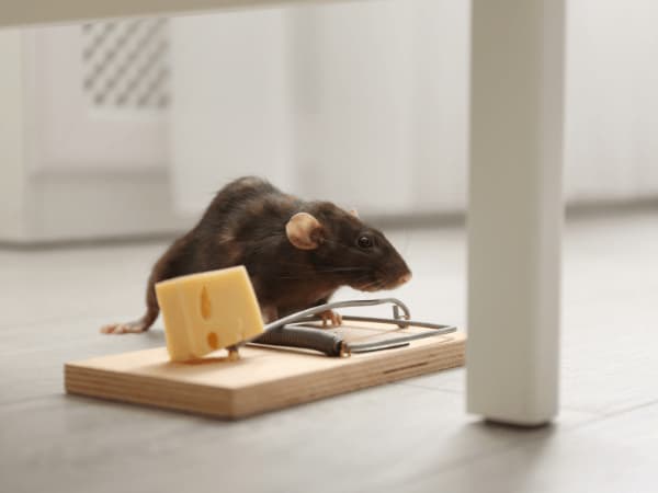 Topolino domestico che si avvicina a una trappola a scatto in legno posizionata sotto un mobile.