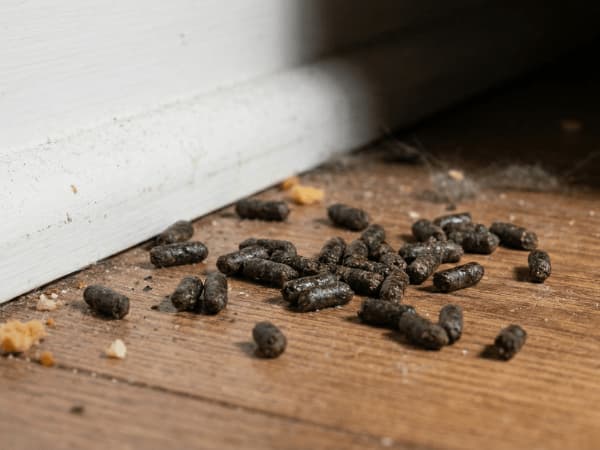 Dettaglio di escrementi di topo (feci) accumulati lungo il battiscopa di una stanza.