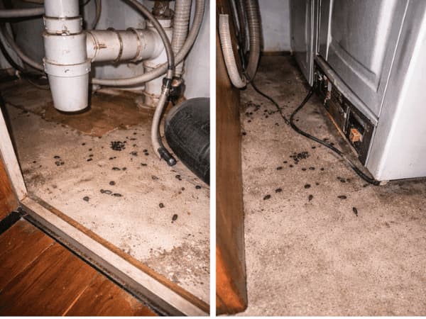 escrementi di topo sotto lavello e dietro elettrodomestico in cucina