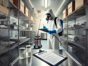Tecnico in tuta protettiva che controlla un'area di stoccaggio alimentare per disinfestazione HACCP.