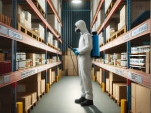 Tecnico in magazzino alimentare esegue disinfestazione HACCP