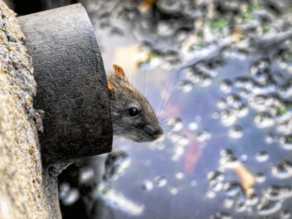 Esemplare di ratto di fogna che emerge da una tubatura di scarico urbana.