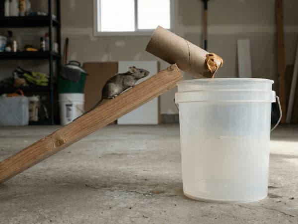Trappola per topi fai da te realizzata con un secchio di plastica, una rampa in legno e un rotolo di cartone con esca.