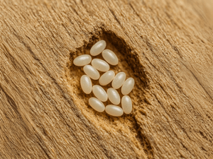 Uova di Anobium punctatum deposte in fessure del legno